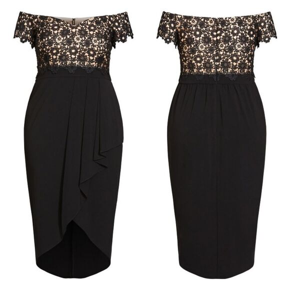 City Chic Size 20 (large) Plus Size Black Lacy Off Shoulder Midi Length Dress (E - Picture 1 of 11
